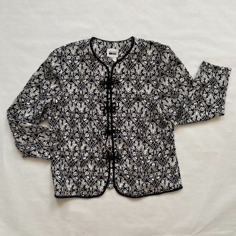 Leslie Fay Black and White Mandarin Style Satin Jacket Size 18